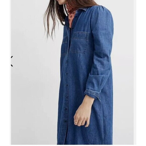 Madewell Denim Puff-Sleeve Button Up Shirt Dress Harris Wash Sz M K6059 - Picture 3 of 11